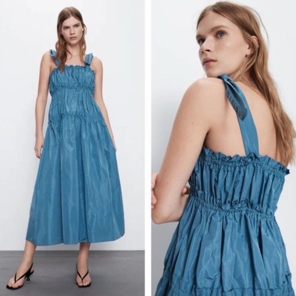 ZARA Crinkle Tiered Taffeta Blue Blogger Favorite Midi Dress Sz S